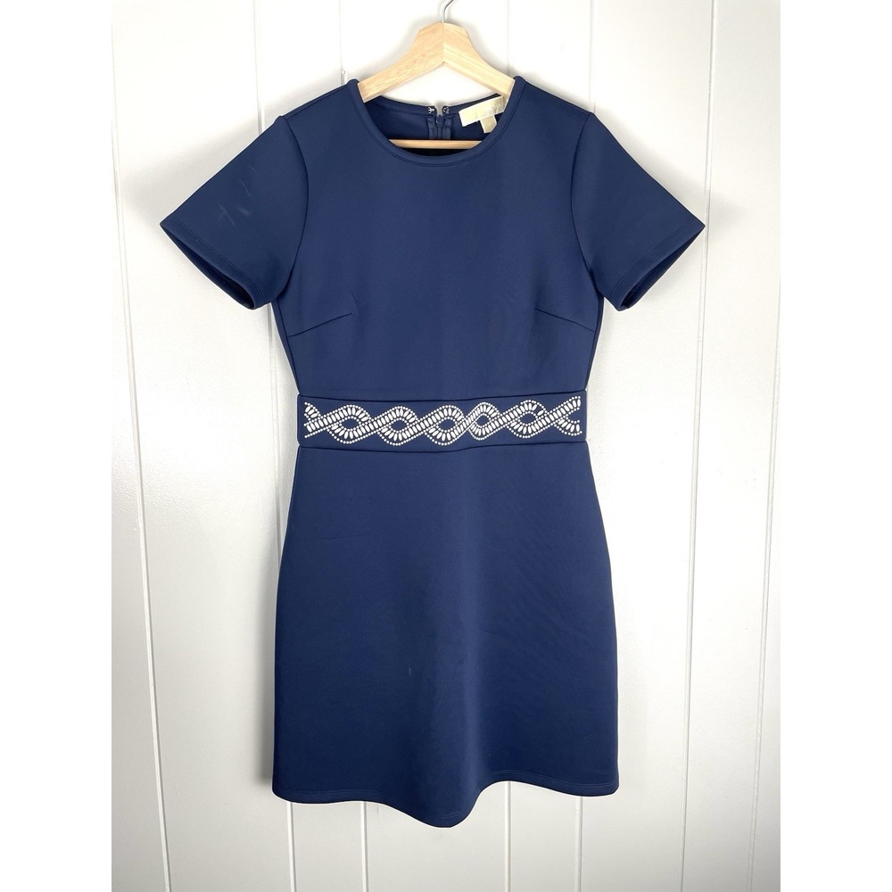 Michael Kors Size M White Grommet‎ Trim Midi Dress Navy Blue Stretch Women's M